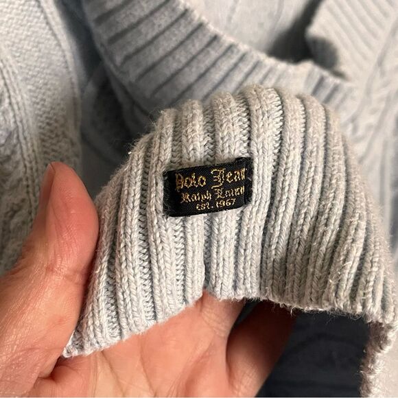 Polo Jeans Ralph Lauren Light Blue Cotton Cable Knit Hooded Sweater Size Large - Picture 10 of 11